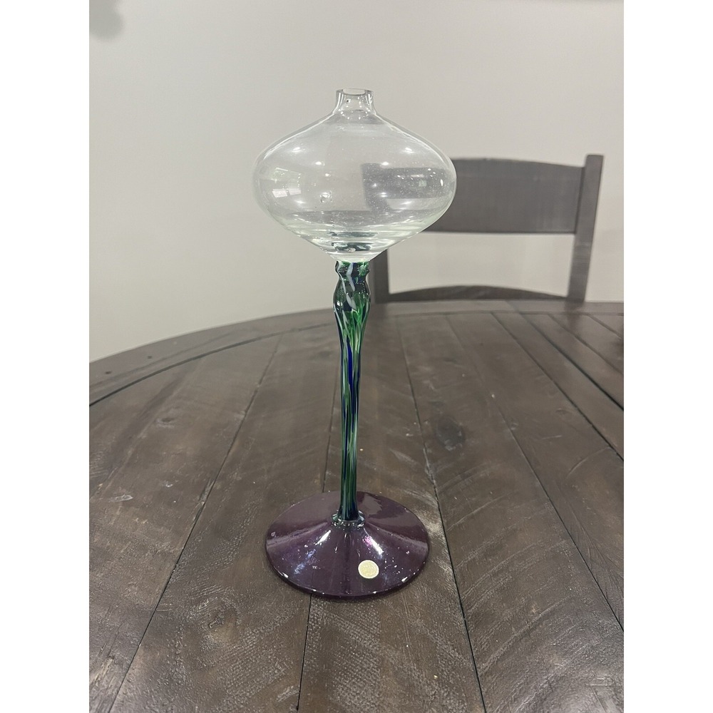 Vtg Romanian Art Glass Oil Lamp Hand Blown Green Swirl Pedestal Lavender‎ 10.5"